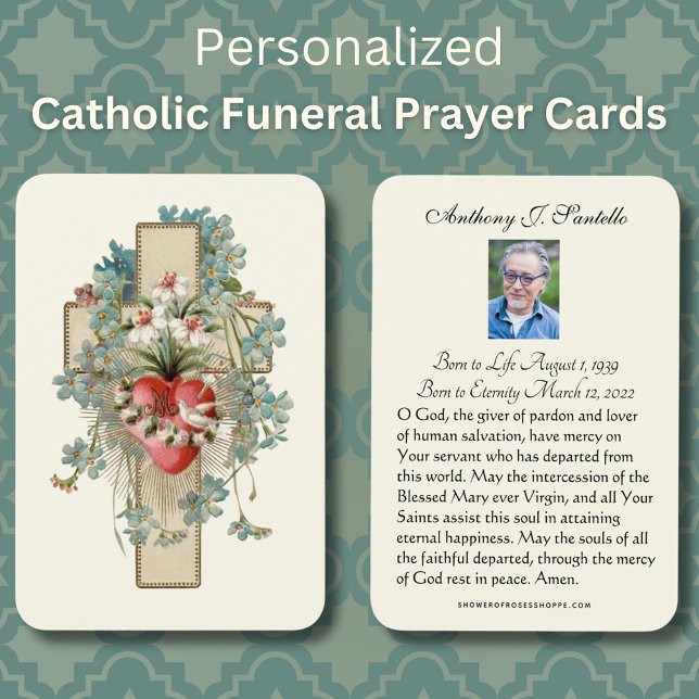 Prière commémorative funéraire catholique Carte Sa (Floral Traditional Catholic Funeral Prayer Card with Sacred Heart and Cross)