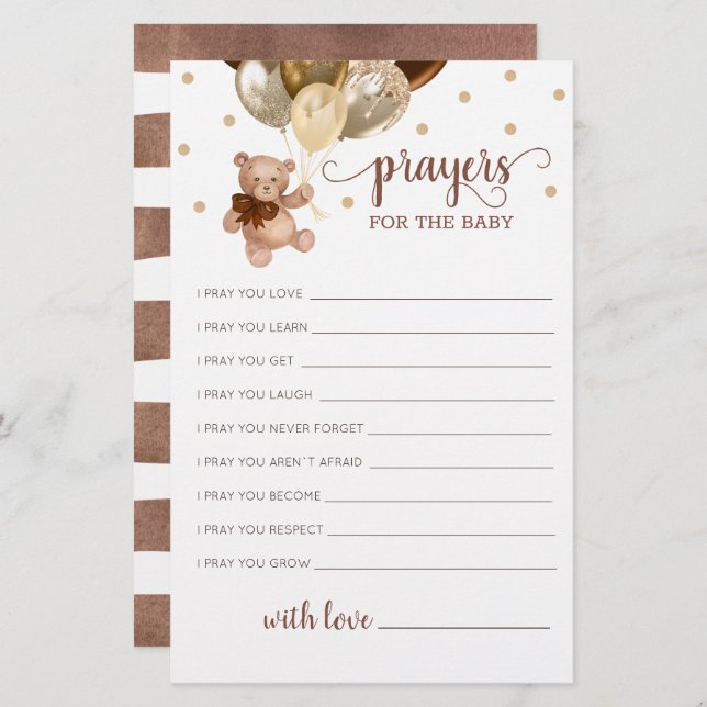 Prières modifiables pour l'ours Baby shower en pel (Devant / Derrière)