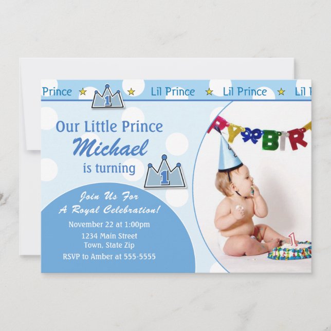 Prince 1er Anniversaire Invitation 5x7 Carte photo (Devant)