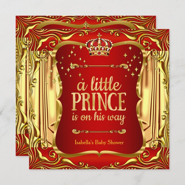 Prince Baby shower Red Gold Boy Invitation (Devant / Derrière)