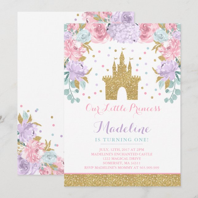 Prince Birthday Invitation Gold princesse Catle (Devant / Derrière)