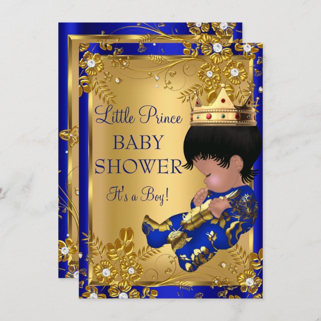 Prince Boy Baby shower Gold & Blue Invitation (Devant / Derrière)