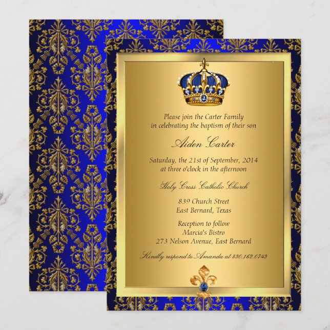 Prince Royal Blue Regal Invitation du baptême de l (Devant / Derrière)