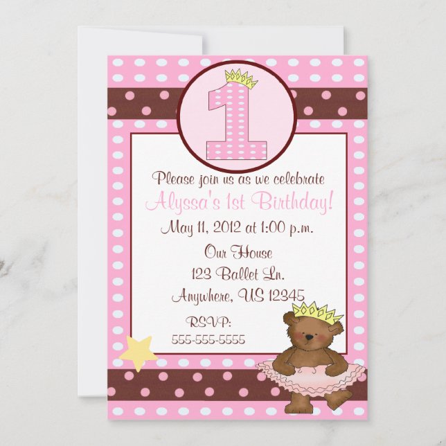 Princess Ballet Bear Girls 1er Birthday Invitation (Devant)