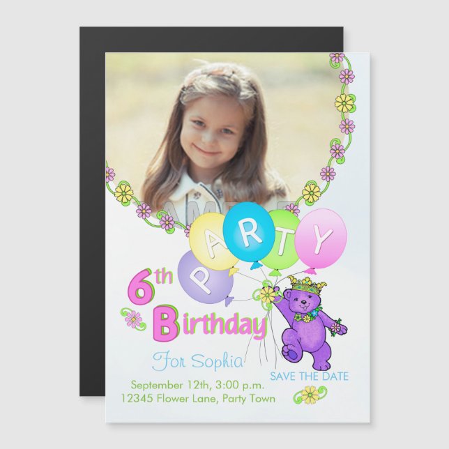 Princess Bear Custom 6th Birthday Party Invitation (Devant / Derrière)