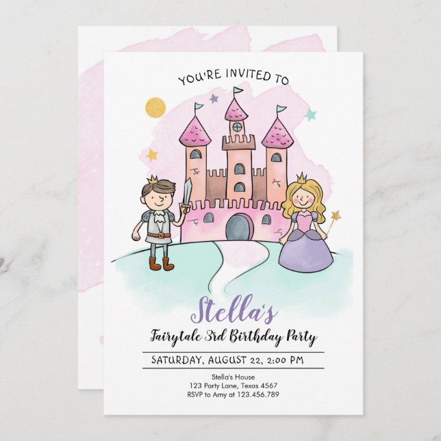 Princess Birthday Invitation Knights Fairytale (Devant / Derrière)