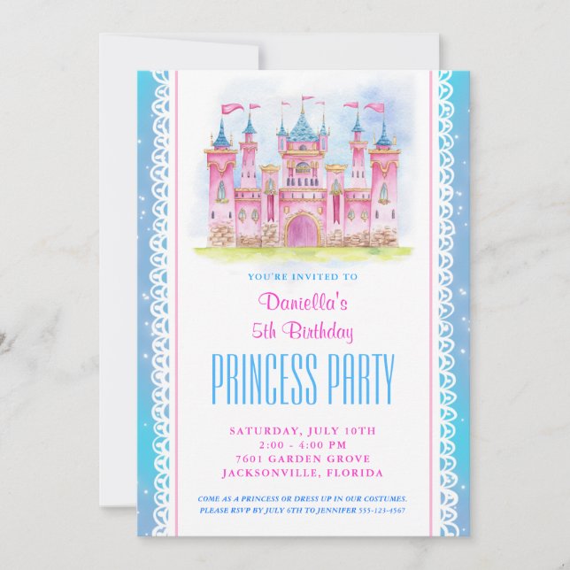 Princess Castle Anniversaire Invitation Bleu (Devant)