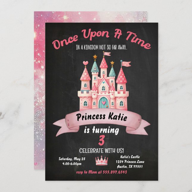 Princess Castle Invitation Anniversaire Rose Girl (Devant / Derrière)
