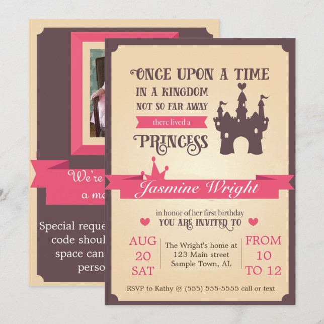 Princess Fairy Tale Invitation pour le premier ann (Devant / Derrière)