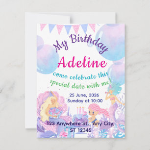 Princess & Mermaid Birthday Invitation Card
