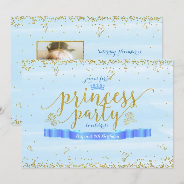 Princess Party Gold & Blue Photo Invitations (Devant / Derrière)