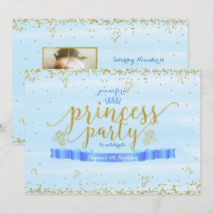Princess Party Gold & Blue Photo Invitations