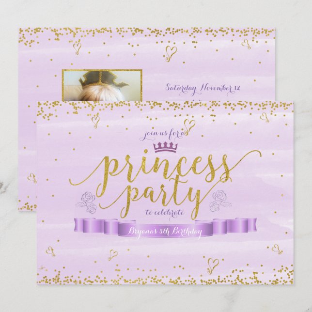 Princess Party Gold & Purple Photo Invitations (Devant / Derrière)