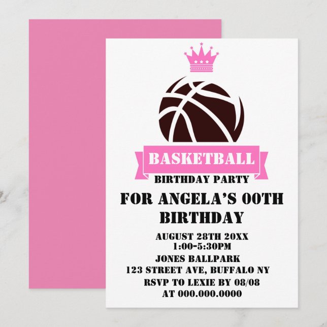 Princess Pink Basketball Invitations de fête d'ann (Devant / Derrière)