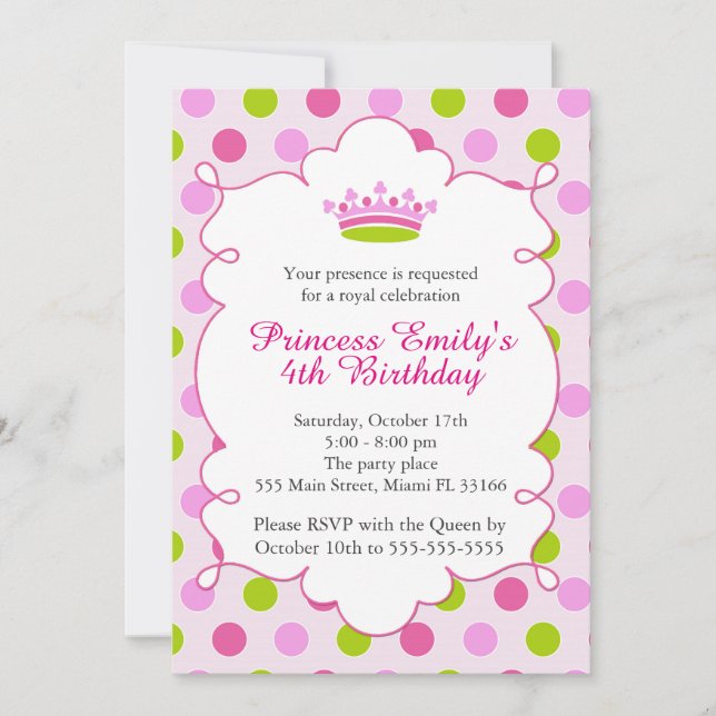 Princess Pink Green Girl Invitation d'anniversaire (Devant)
