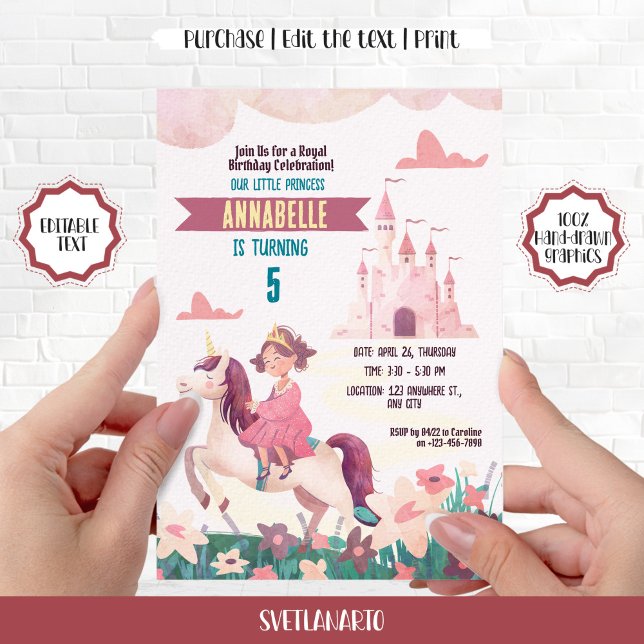 Princess Riding Unicorn Invitation de fête d'anniv (Créateur téléchargé)