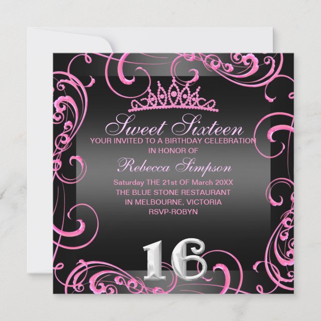 Princess Sweet 16 Hot rose Invitation d'anniversai (Devant)