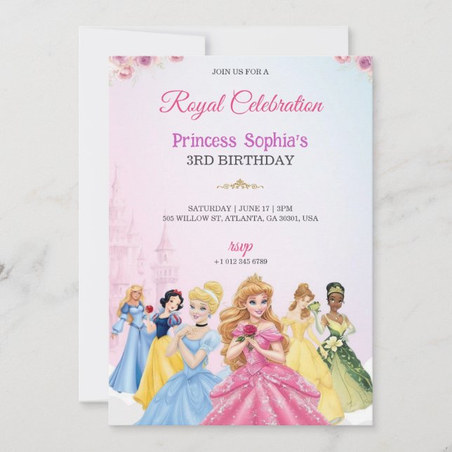 Princess-themed birthday invitation in pink colour (Devant)