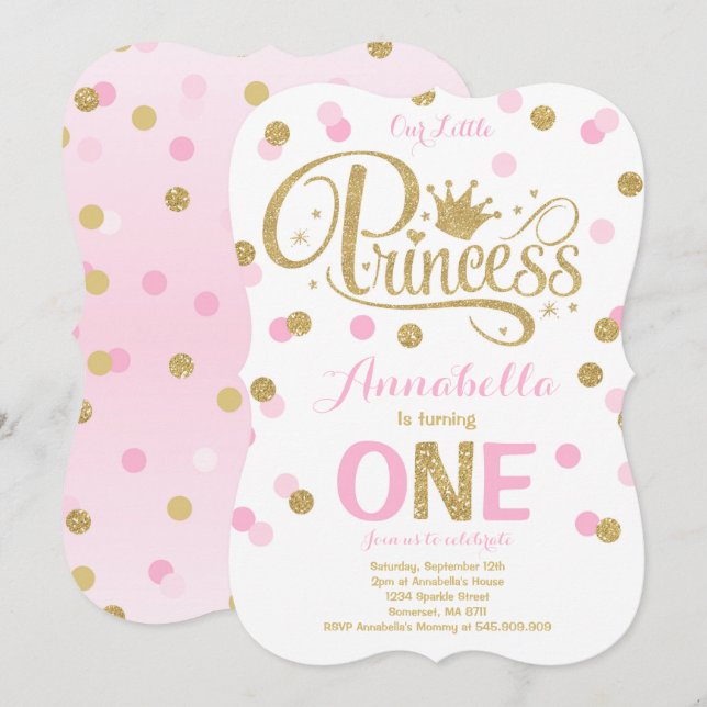 Princesse 1er Anniversaire Invitation Pink Gold In (Devant / Derrière)