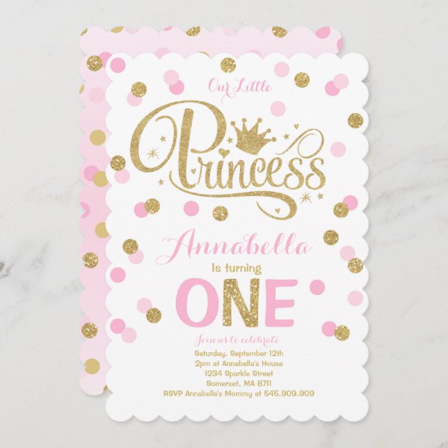 Princesse 1er Anniversaire Invitation Pink Gold In (Devant / Derrière)