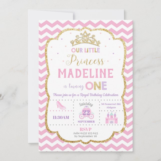 Princesse 1er anniversaire Invitations rose et or (Devant)