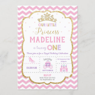 Princesse 1er anniversaire Invitations rose et or