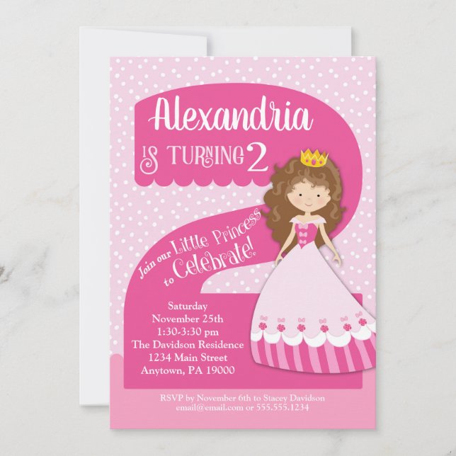 Princesse 2e anniversaire Invitation Brunette Girl (Devant)