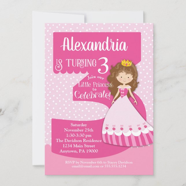 Princesse 3e anniversaire Invitation Brunette Girl (Devant)