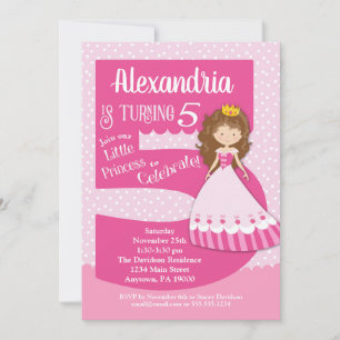 Princesse 5e anniversaire Invitation Brunette Girl