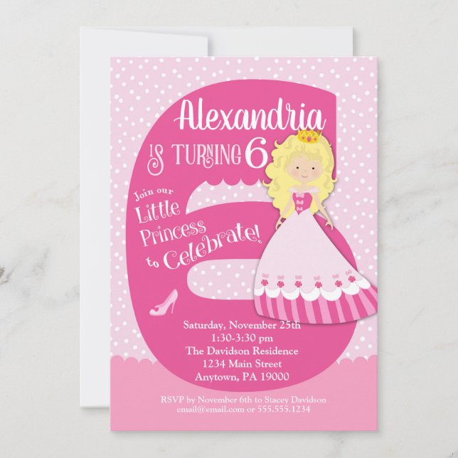 Princesse 6e anniversaire Invitation Blonde Girl (Devant)