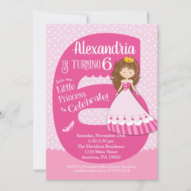 Princesse 6e anniversaire Invitation Brunette Girl (Devant)