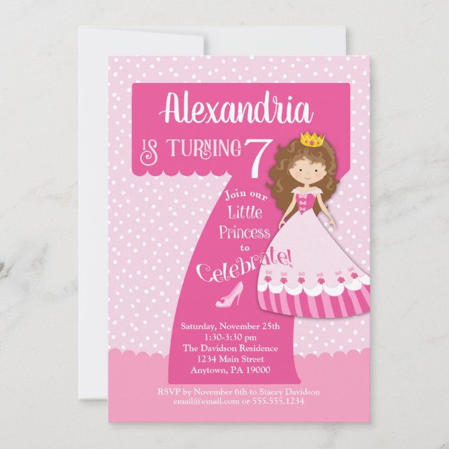 Princesse 7e anniversaire Invitation Brunette Girl (Devant)