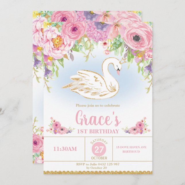 Princesse Birthday Invitation Floral Girl de cygne (Devant / Derrière)