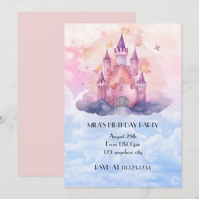 princesse château fille invitation anniversaire (Devant / Derrière)
