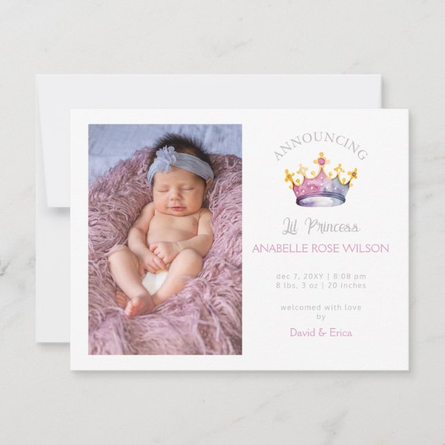 Princesse Crown Girl Faire-part de naissance photo (Devant)