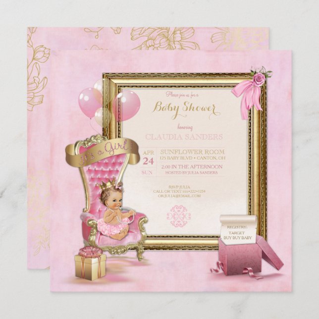 Princesse Crown Gold Pink de faire-part de baby (Devant / Derrière)
