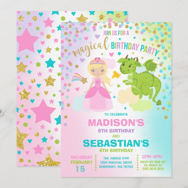 Princesse Et Dragon Anniversaire Invitation Frères (Devant / Derrière)