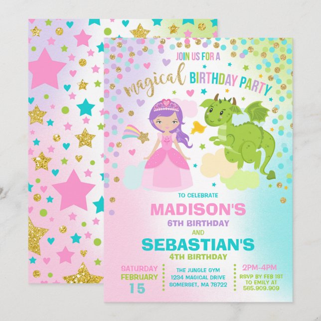 Princesse Et Dragon Anniversaire Invitation Frères (Devant / Derrière)