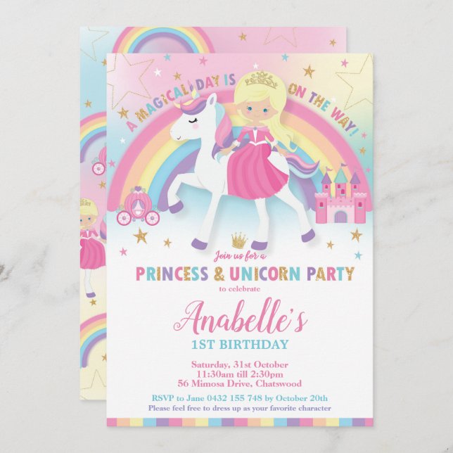 Princesse et licorne Invitations d'anniversaire Ra (Devant / Derrière)