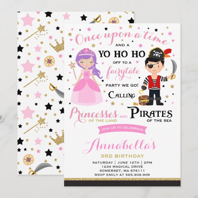 Princesse Et Pirate Invitation Anniversaire (Devant / Derrière)