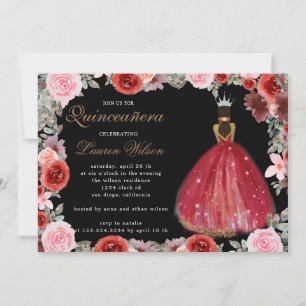 princesse florale bordeaux Quinceanera Invitation
