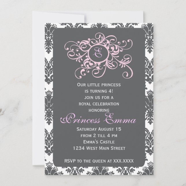 Princesse grise et rose Damask Invitation (Devant)
