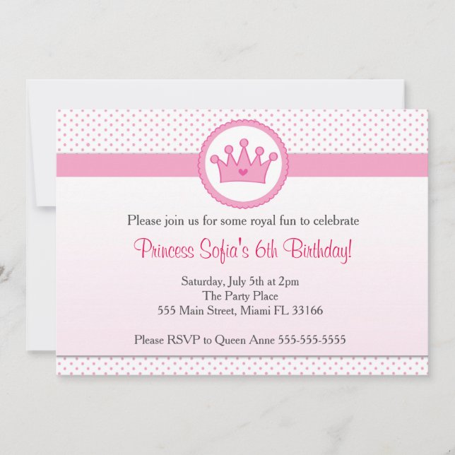 Princesse Invitation Fille Anniversaire Fête Couro (Devant)