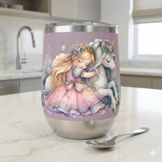 Princesse Licorne Pastel Féérique Fantastique Lava (Princess Unicorn Pastel Fairytale Fantasy Lavender Thermal Wine Tumbler On Kitchen Counter)