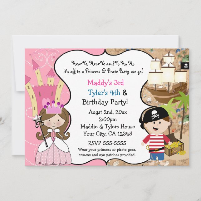 Princesse & Pirate Party Invitations Cheveux Brown (Devant)