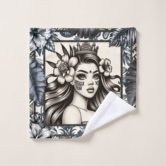 Princesse Polynésienne Fleurs Bleues Tribal (Gant de toilette)