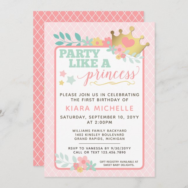 Princesse Rose Baby Girl Invitation premier annive (Devant / Derrière)