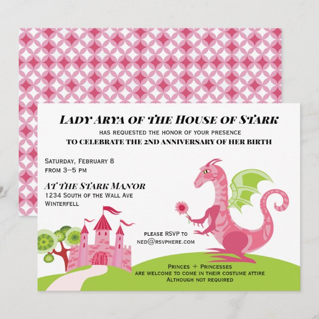 Princesse rose et verte Invitation d'anniversaire  (Devant / Derrière)