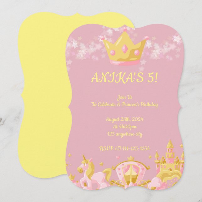 Princesse rose invitation d'anniversaire fille (Devant / Derrière)