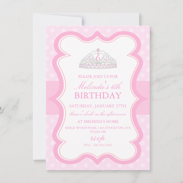 Princesse rose Tiara Girls Birthday Invitation (Devant)